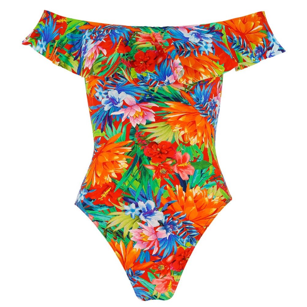 Banana Moon Bright Tropical ruffle one piece swimsuit off the shoulder